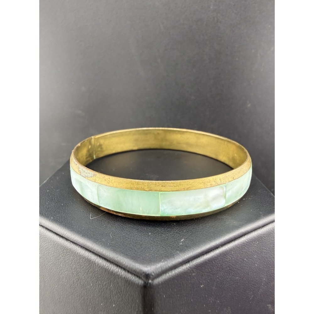 Vintage Estate Bangle‎ Bracelet Gold Mother of Pearl Inlay Brass 8.5"